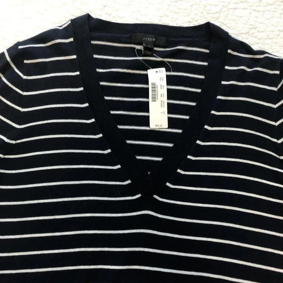 J. Crew Blue Cotton V-Neck Sweater In Stripe - Picture 2 of 5